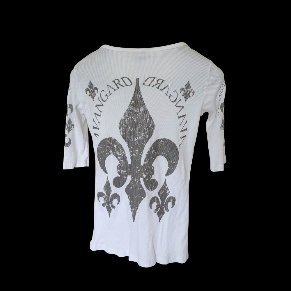 Y2K Avangard USA White Fleur De Lis 3/4 Sleeve Thermal Top Med